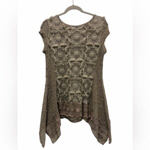 Tempo Paris Taupe Lace Asymmetrical Tunic Top Size Medium Boho Chic Festival